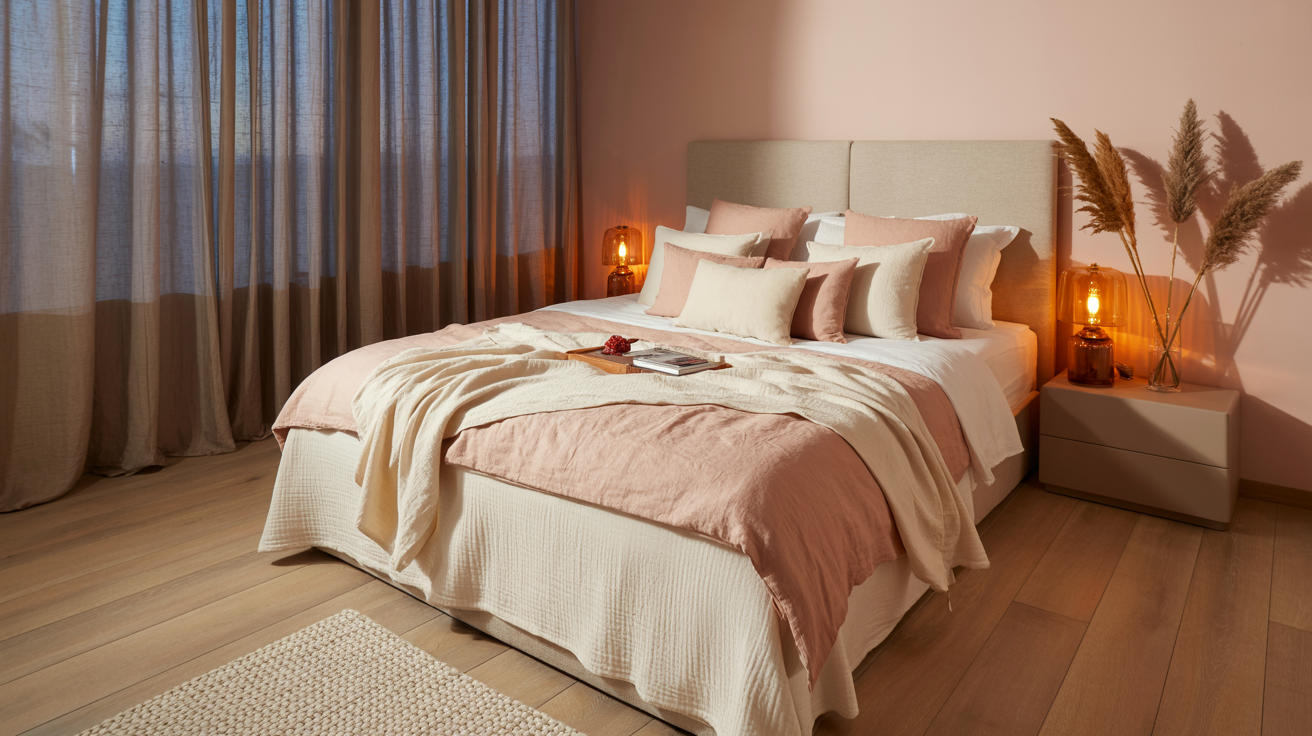 Romantic bedroom ideas with soft lighting, layered bedding, and warm neutral tones for a cozy intimate space