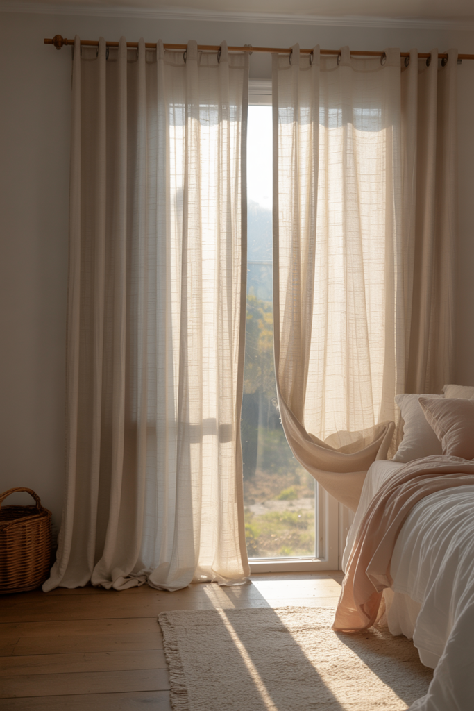 Romantic bedroom with soft sheer curtains flowing in natural light creating an airy and intimate atmosphere