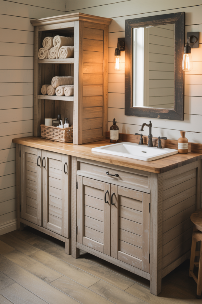 Rustic farmhouse vanity with wood storage tower featuring shiplap cabinet doors, black hardware, and wicker basket styling