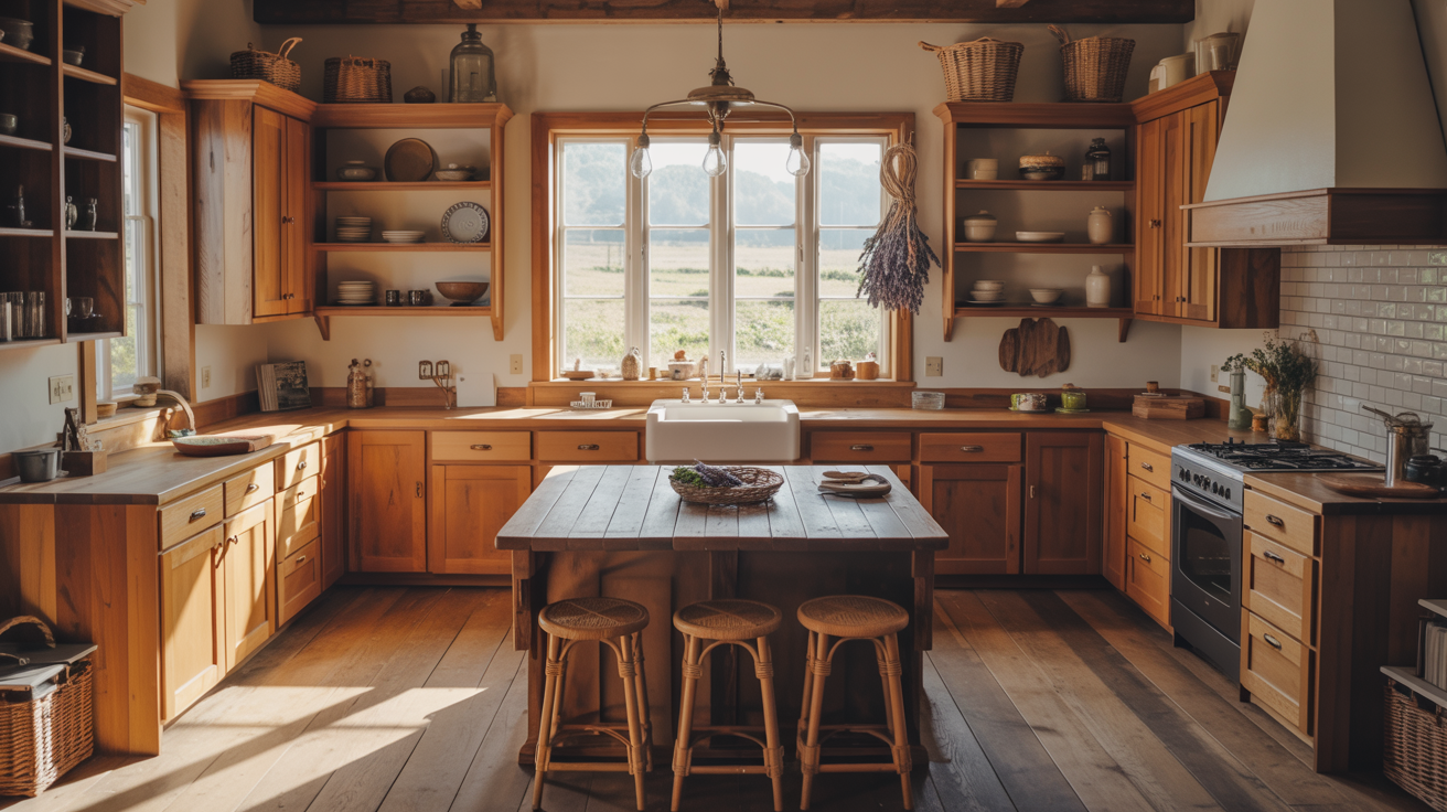 Rustic kitchen cabinet ideas with warm wooden finishes, open shelving, and farmhouse sink in a cozy country-style kitchen