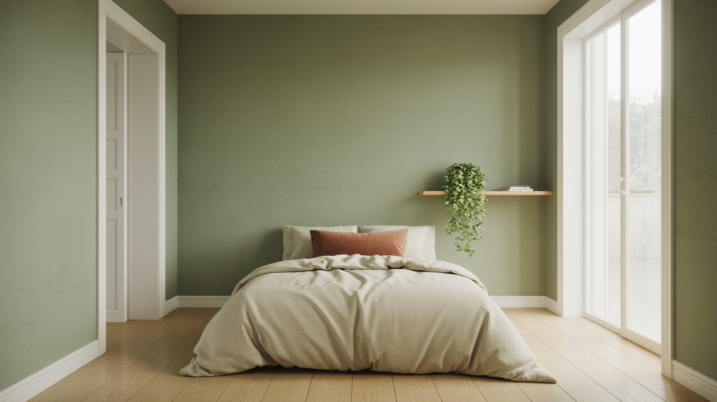 Soft sage green minimalist bedroom with white trim, cream linen bedding, and a trailing plant on a wooden shelf