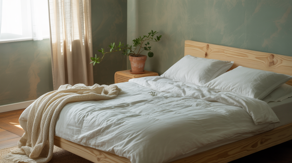 Sage green bedroom walls paired with natural wood and white furniture for a calm and organic bedroom color scheme