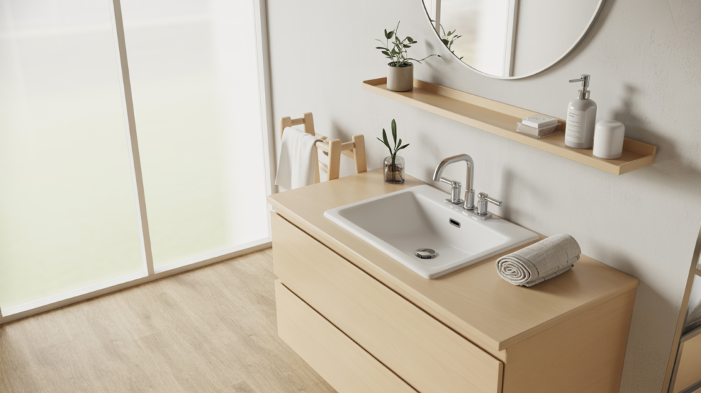 Scandinavian bathroom with light wood vanity and minimal open shelf storage