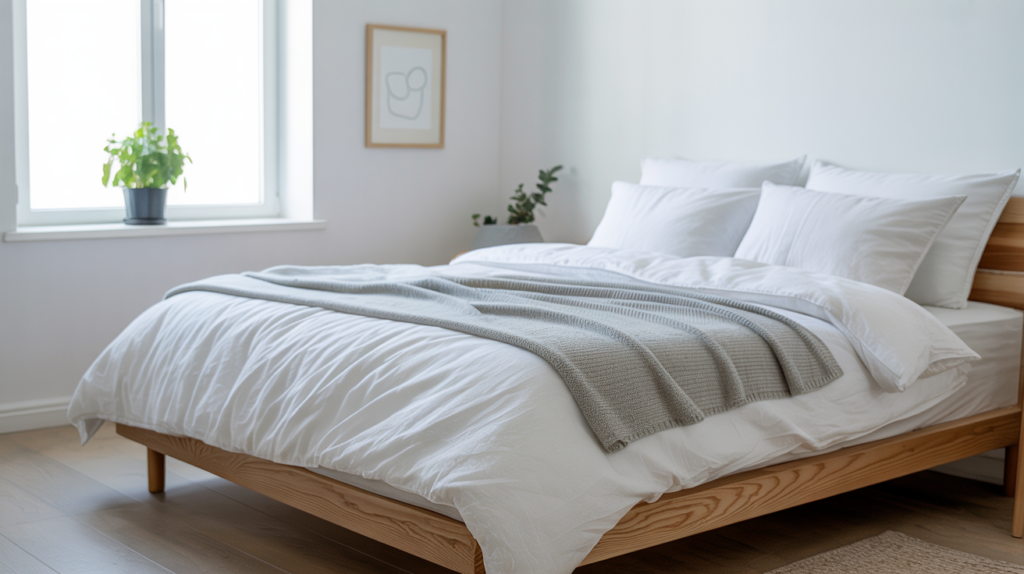 Scandinavian bedroom with low platform bed and minimalist white decor on a budget