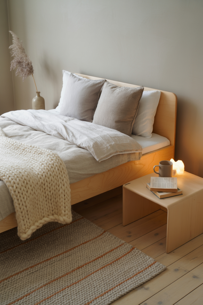 Scandinavian bedroom design with hygge elements, warm textures, wooden furniture and neutral palette