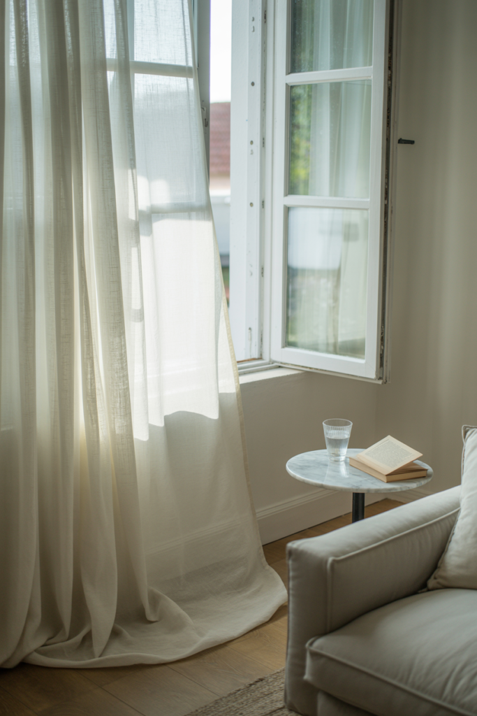 heer white curtains billowing in a bright airy living room with natural sunlight