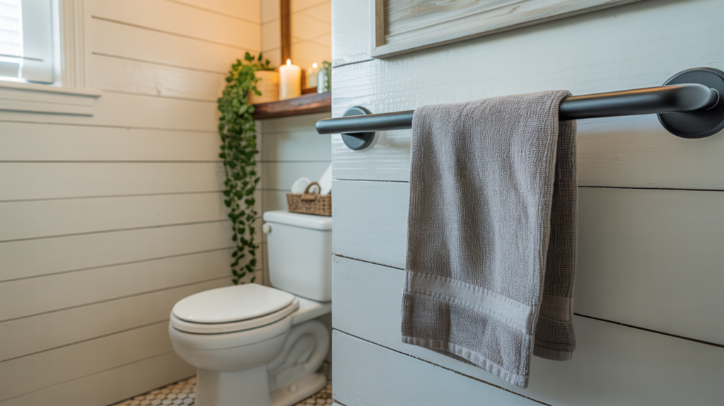 White shiplap walls in a farmhouse bathroom with wooden shelf and black towel bar