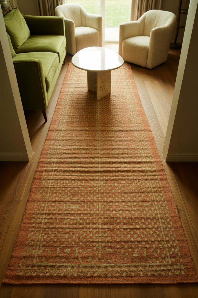Large 9x12 rectangular rug with geometric pattern laid lengthways in a narrow living room with sage green sofa and cream armchairs