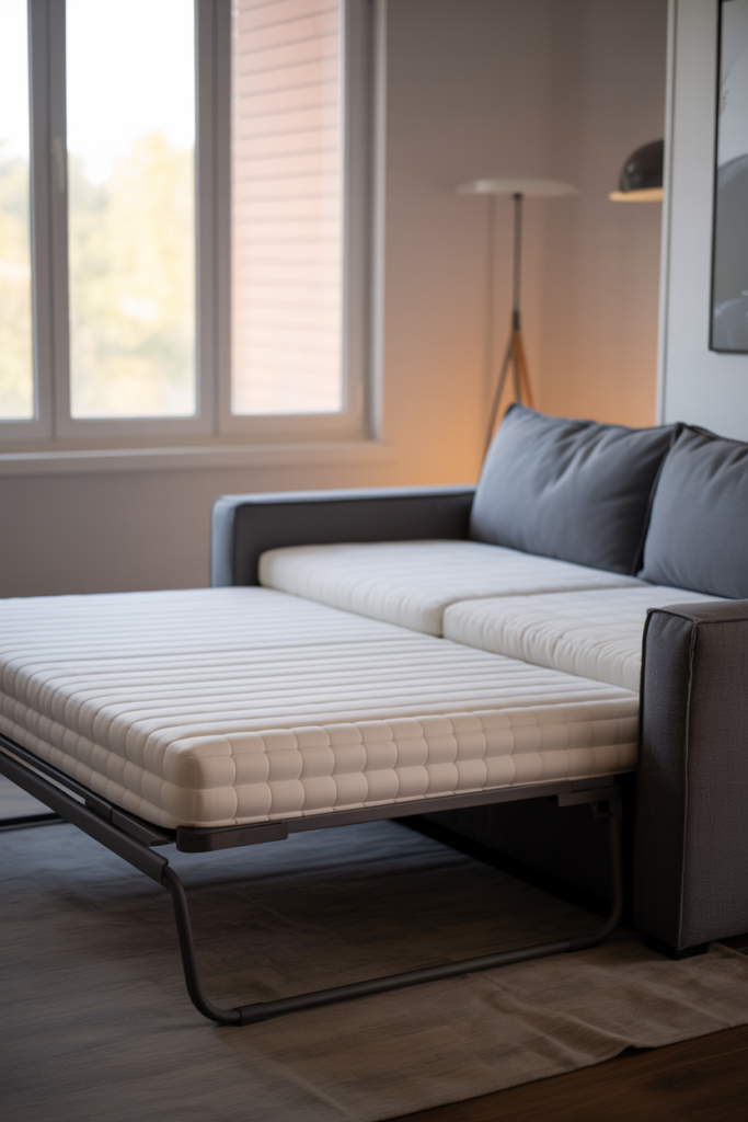 Modern charcoal gray sleeper sofa with memory foam mattress partially pulled out in a small living room with white walls and hardwood floors