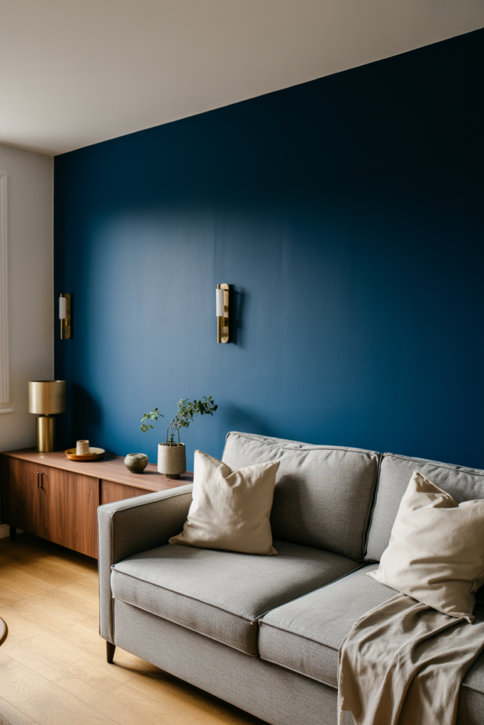 Deep navy blue Slow Swing feature wall in a modern living room paired with warm white walls and brass accessories
