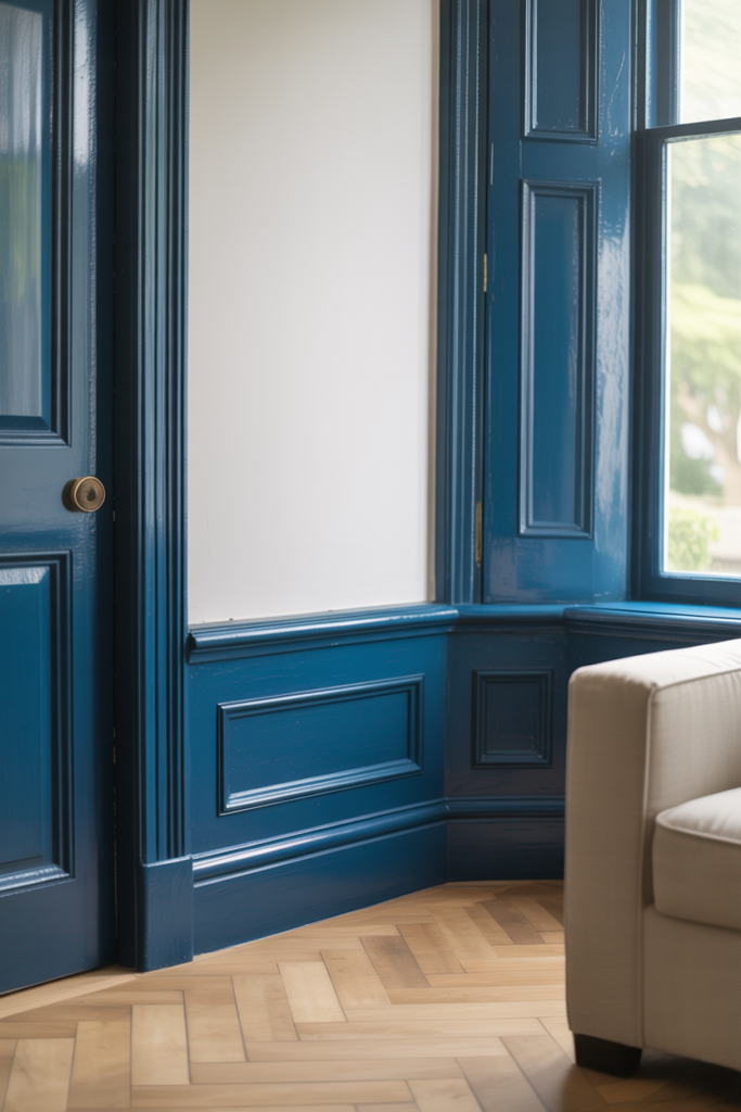 Deep navy blue Slow Swing paint on skirting boards and door architrave in a white living room for a bold contemporary finish
