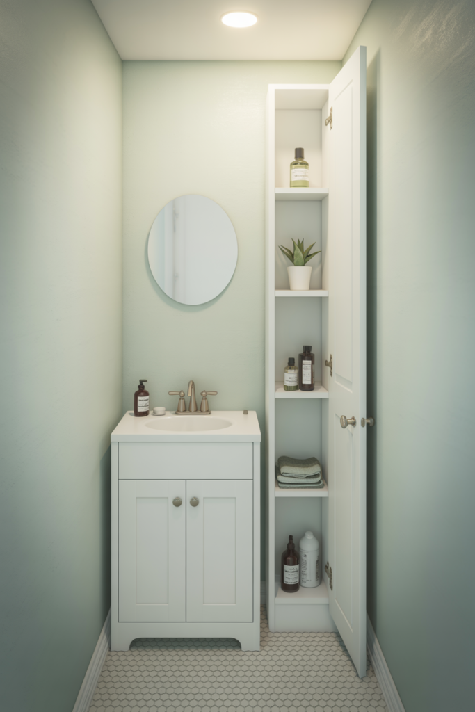 Small bathroom vanity with narrow storage tower in white finish maximizing space in a compact bathroom layout