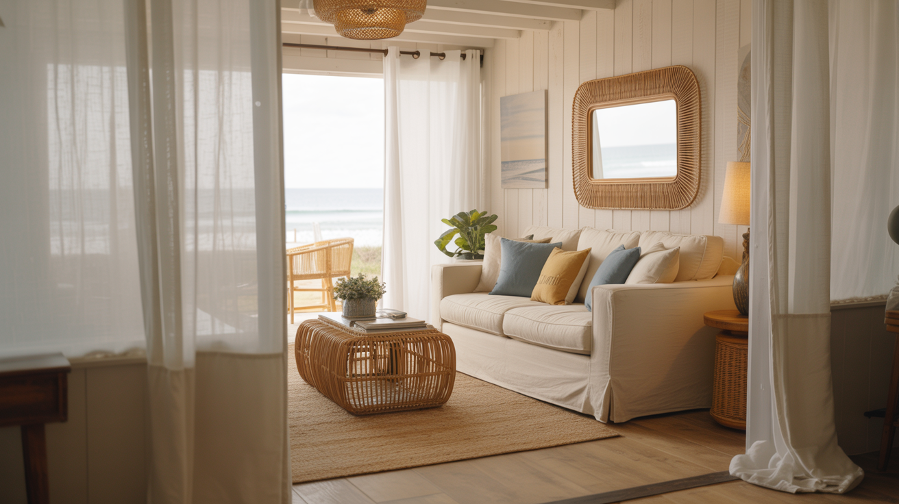 Small beach house living room with cream sofa, jute rug, rattan mirror, and sheer linen curtains in a bright coastal space