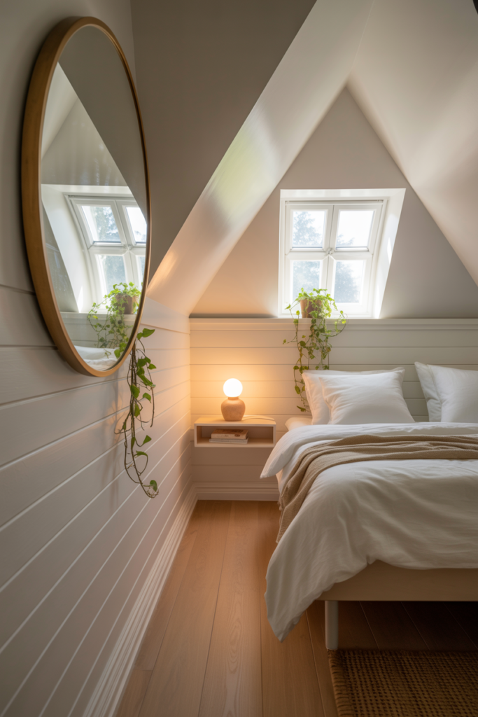 Small attic bedroom with white shiplap knee wall paneling and a round mirror reflecting natural light