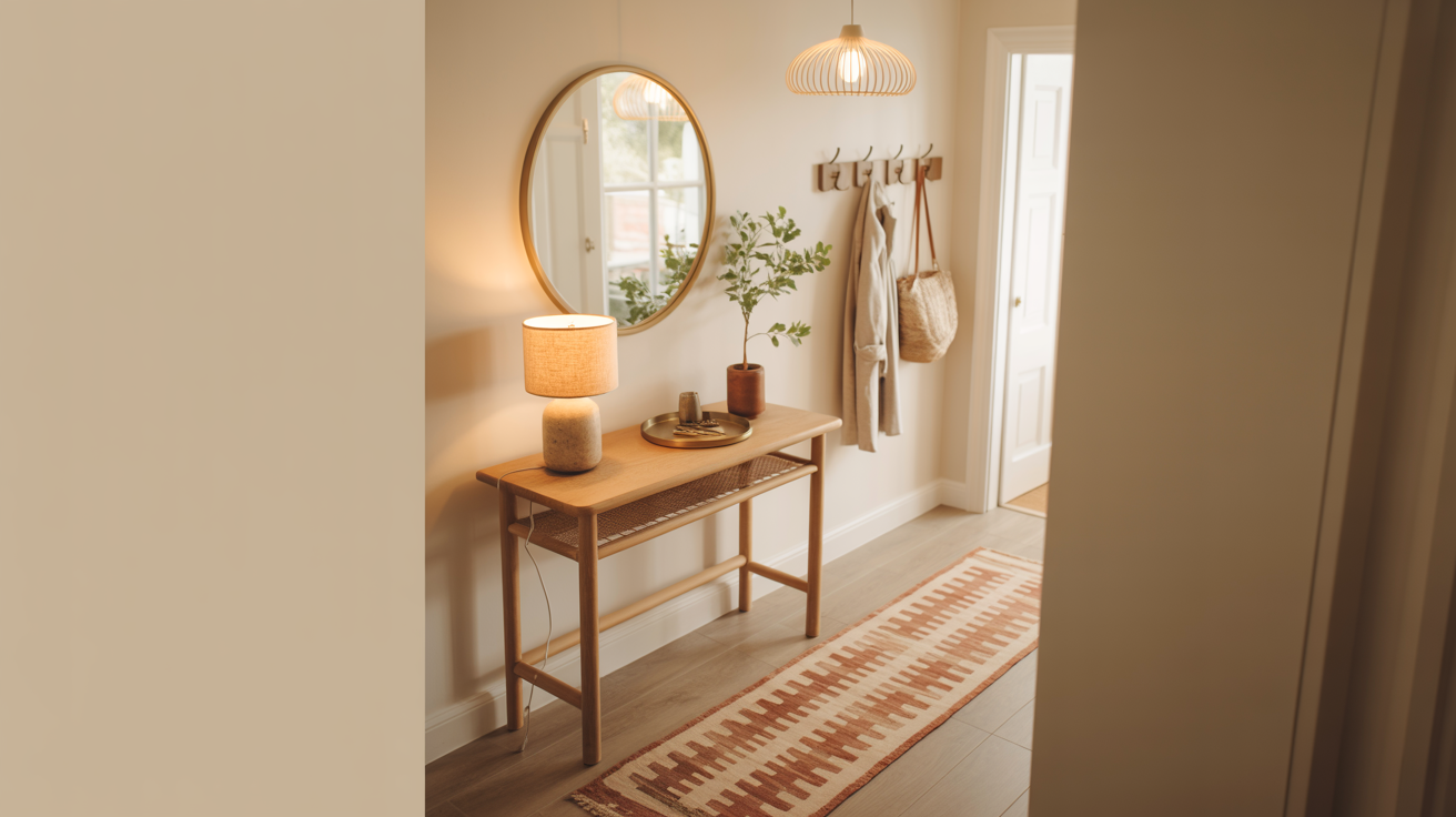 Small entryway with narrow oak console table, large brass mirror, kilim runner rug, and wall-mounted hooks making a big first impression