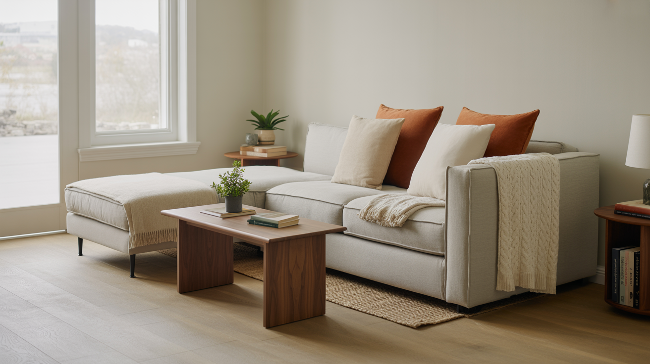 Small living room styled as a guest bedroom with a modern gray sleeper sofa, warm cushions, and light oak hardwood floors