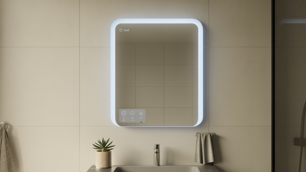 Smart bathroom mirror with LED lighting and touch control panel above a minimalist wall-mounted sink
