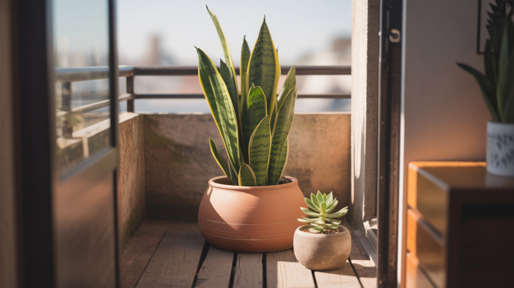 Snake plant in terracotta pot on a boho apartment balcony garden