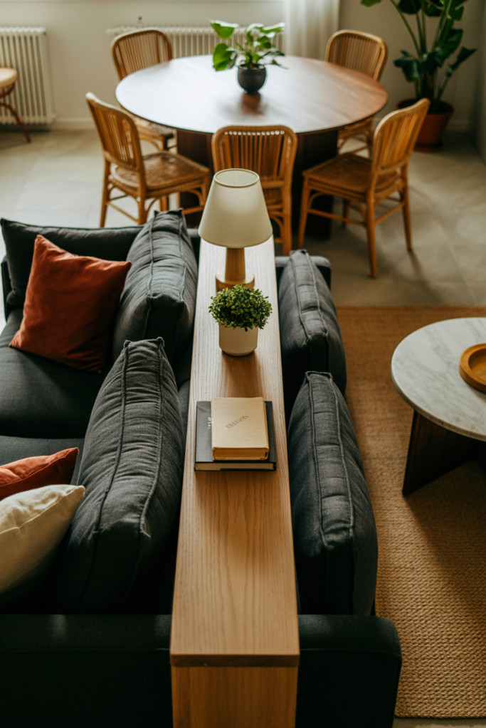 Sofa with back facing dining area used as a natural room divider between living and dining zones in open-plan layout