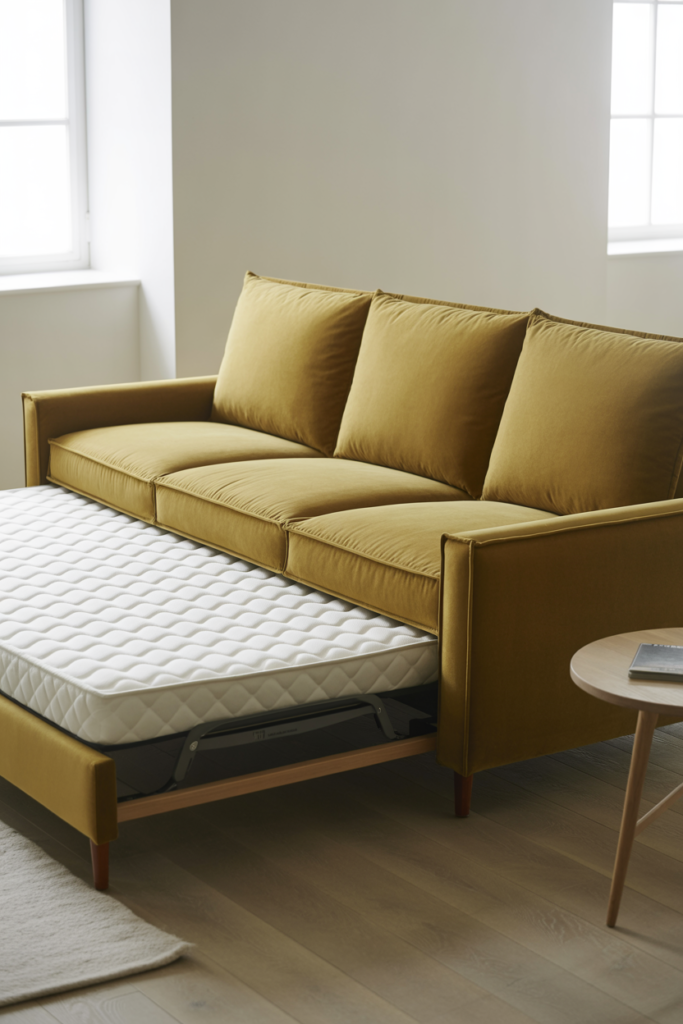 Sage green velvet sofa bed with memory foam mattress partially extended showing sleeping surface in a modern living room with white walls