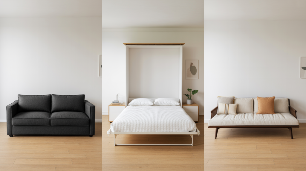 Side-by-side comparison of a sofa bed, Murphy bed, and daybed in three styled living room setups