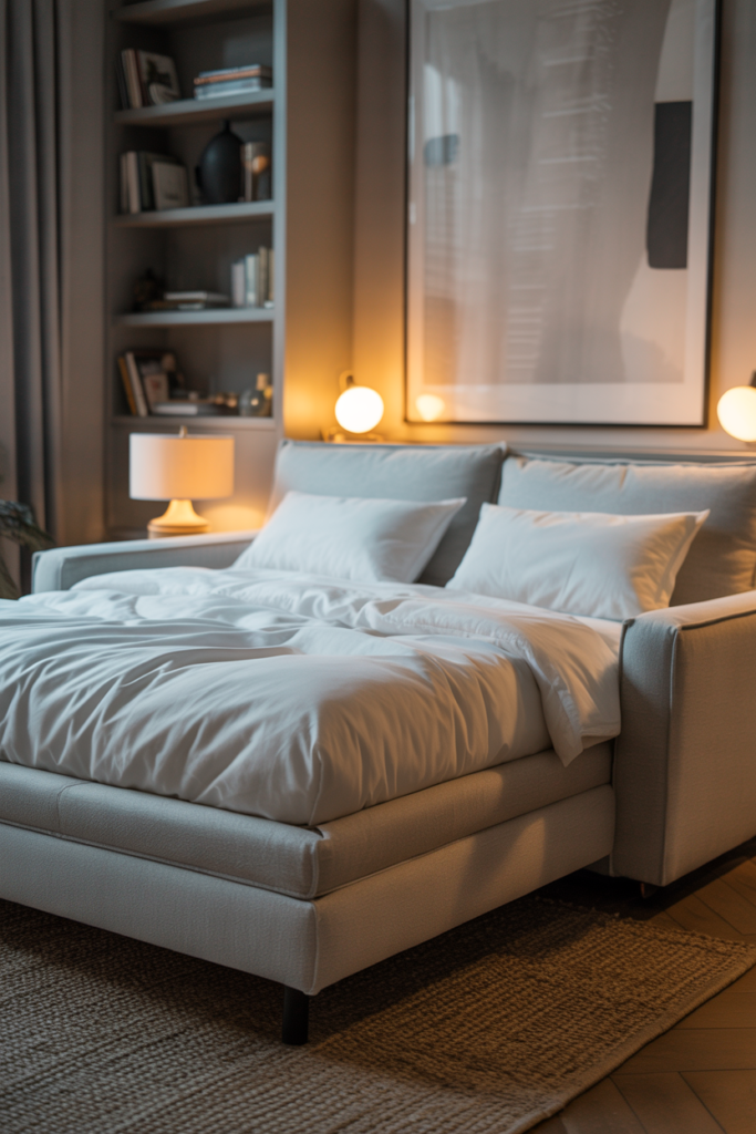Modern gray sofa bed unfolded into a queen bed with white bedding in a contemporary living room