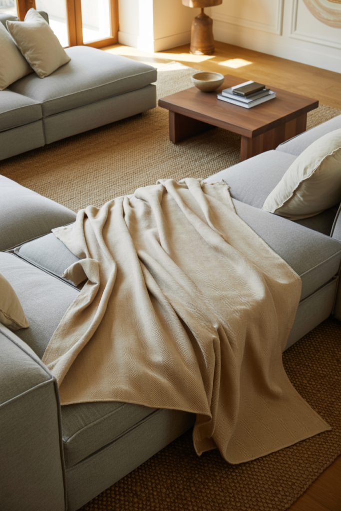 Oatmeal Egyptian cotton throw spread fully across a light grey sectional sofa in a cozy living room