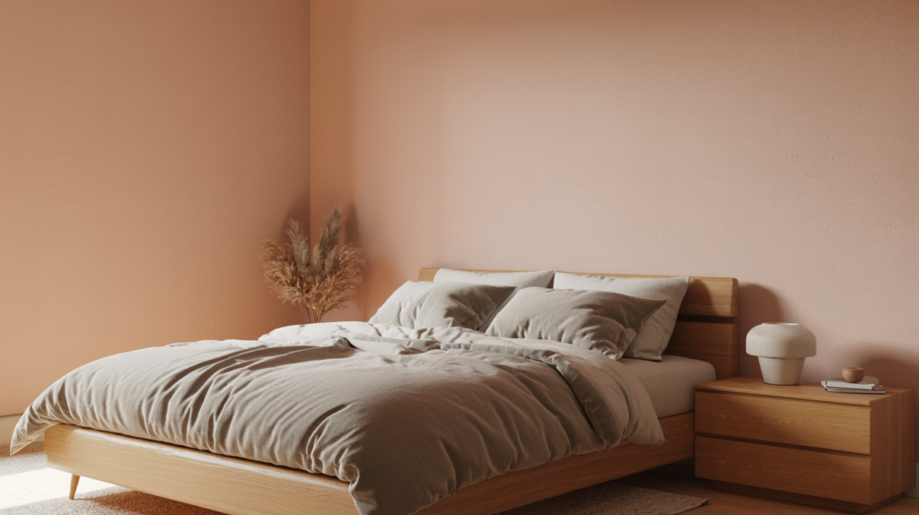 Soft blush minimalist bedroom with gray linen bedding, natural wood frame, and warm morning light creating an elegant neutral atmosphere