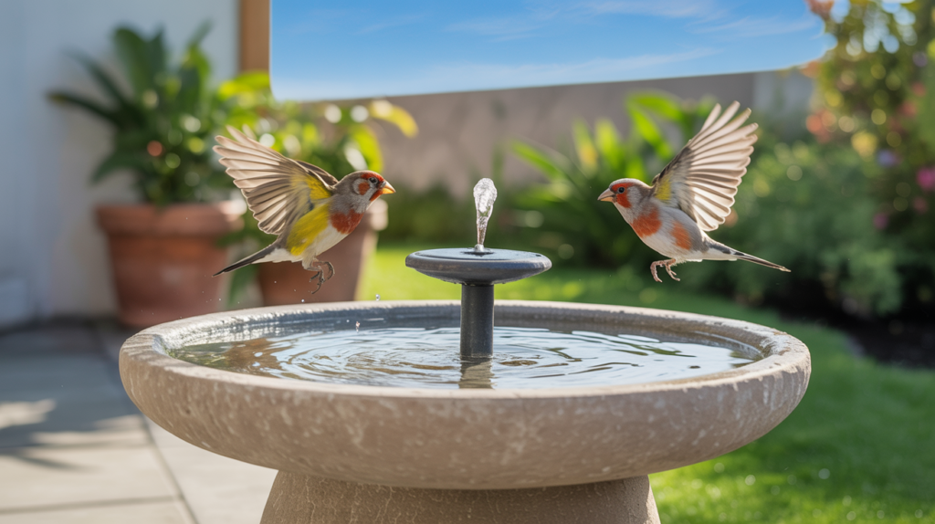 Solar powered fountain bird bath attracting finches in a sunny garden