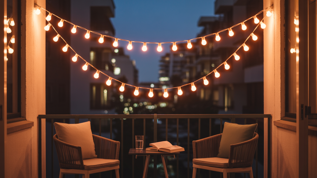 Solar string lights creating warm evening ambiance on a small condo balcony
