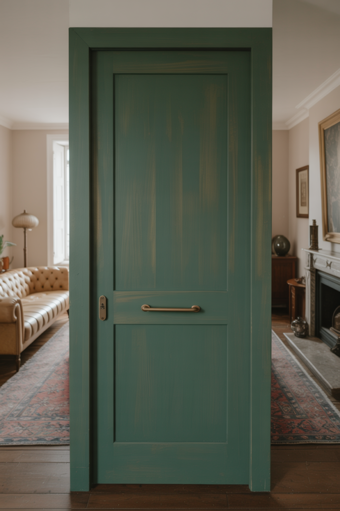 Solid wood living room door painted in forest green matte finish with brushed brass handle in a traditional living room
