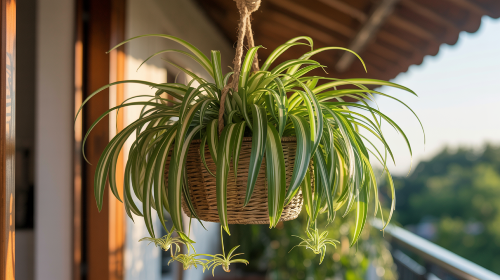 Spider plant in woven hanging basket on a boho apartment balcony
