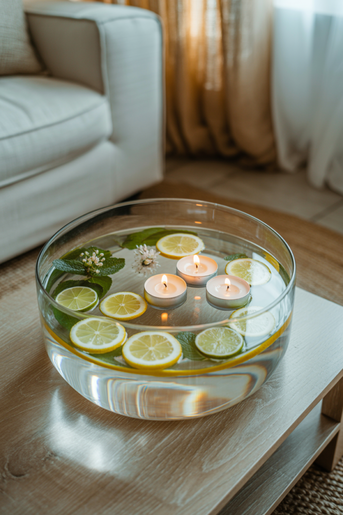 Clear glass bowl filled with floating lemon slices lime rounds and white tea light candles as a spring living room centerpiece