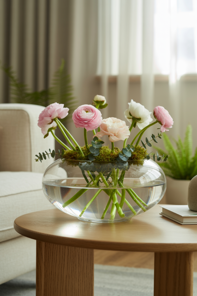 Clear glass bowl filled with fresh pink ranunculus peonies and green moss as a spring living room centerpiece