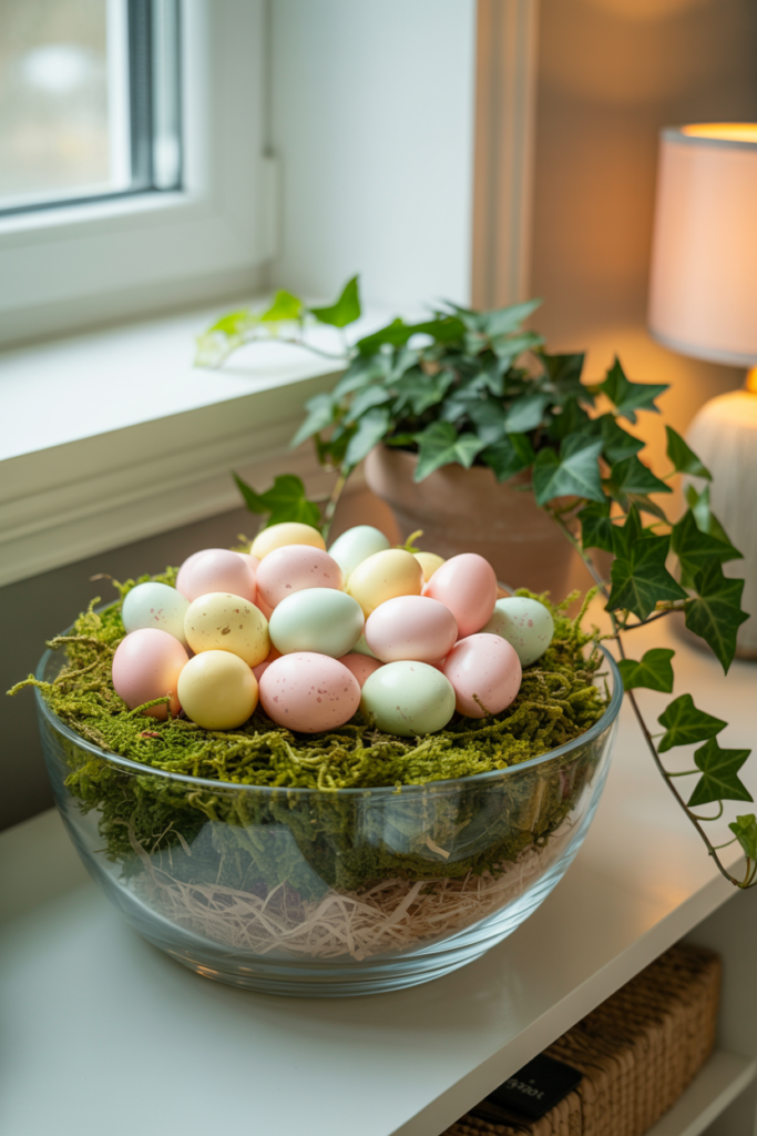 Clear glass bowl filled with pastel decorative eggs and soft green moss as a spring Easter centerpiece on a white console table