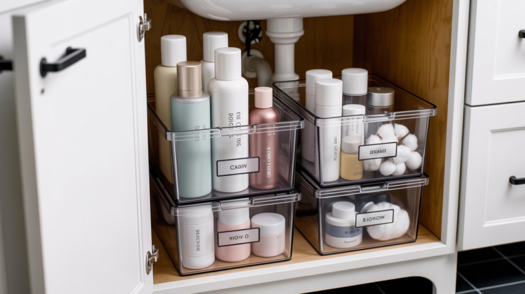 Clear stackable bins organizing toiletries under bathroom sink in small apartment