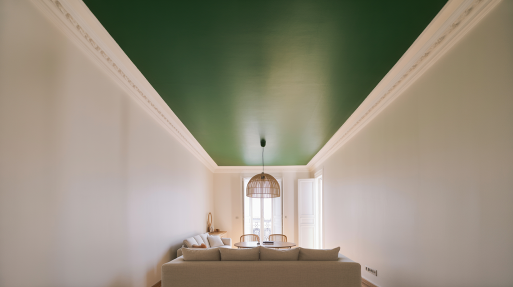 Living room with bold forest green statement ceiling white molding and neutral furniture showing 2026 interior design trend