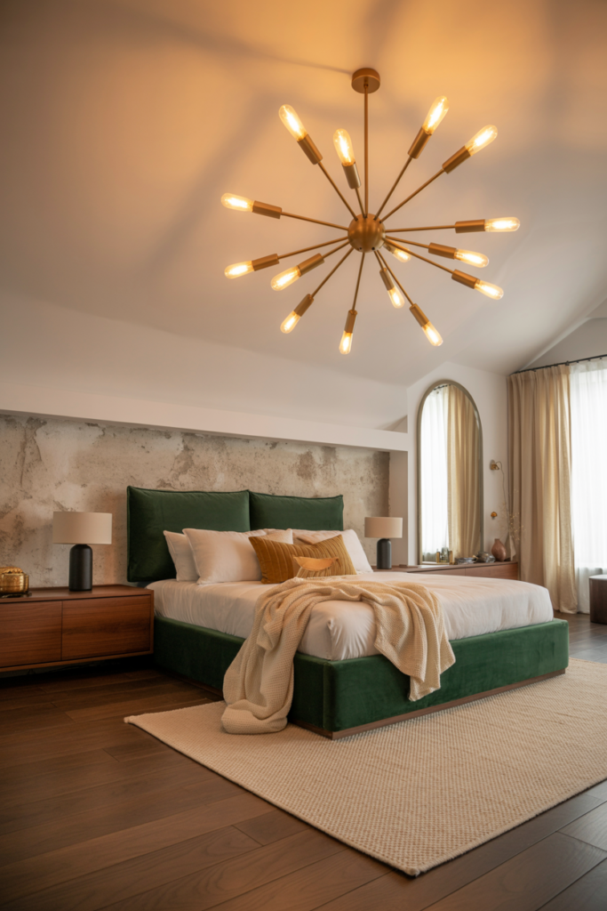Elegant gold statement chandelier hanging from the ceiling above a bed in a luxurious modern bedroom with warm ambient lighting