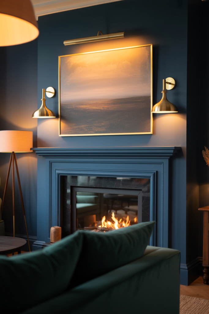 Navy chimney breast lit with symmetrical brass wall sconces and picture light above fireplace in an evening living room