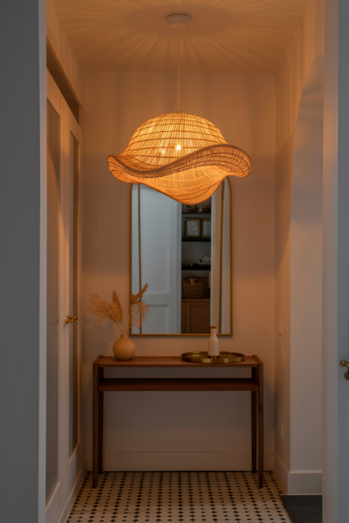 Sculptural woven rattan statement pendant light elevating a small entryway with warm amber glow above console table and arched mirror