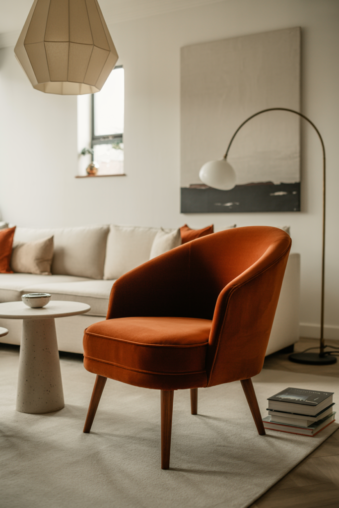 Mid-century burnt orange velvet armchair as a statement vintage focal point in a clean modern living room