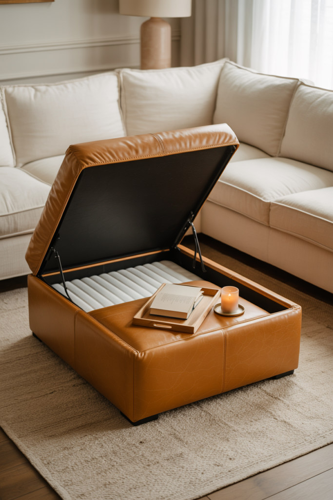 Large caramel leather storage ottoman with lid open revealing folded foam sleeping mattress inside, used as a coffee table in a modern living room