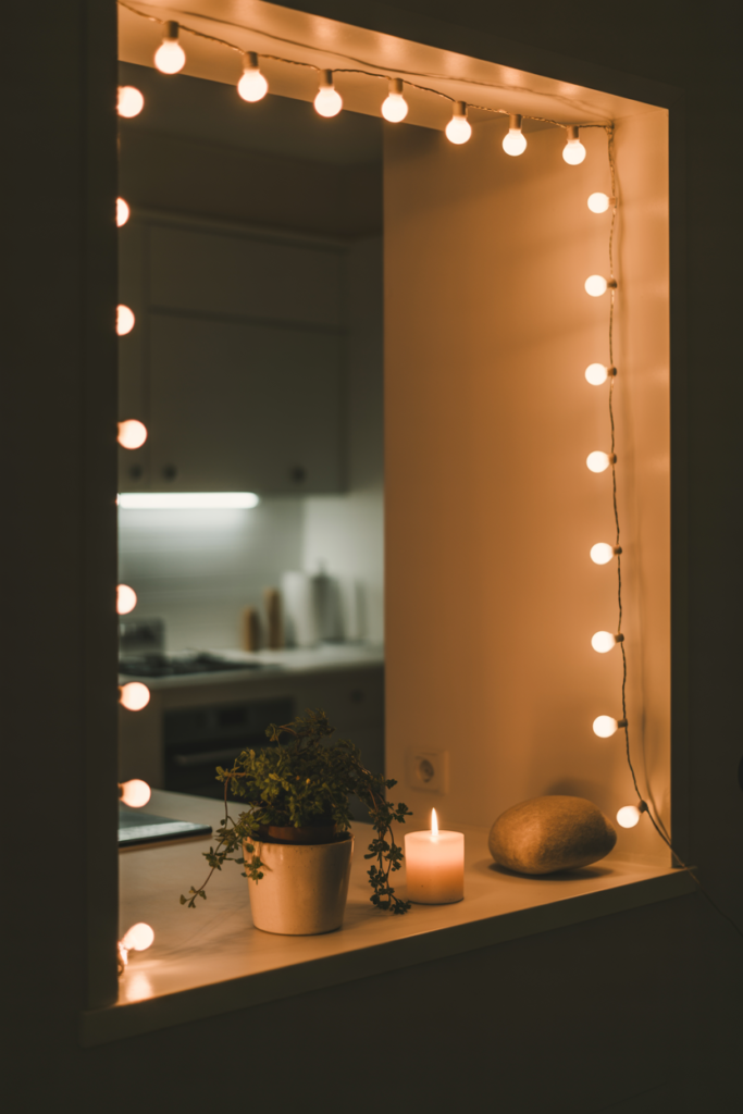 Warm white globe string lights draped along the back of a kitchen living room half wall ledge with a trailing plant and candle in front