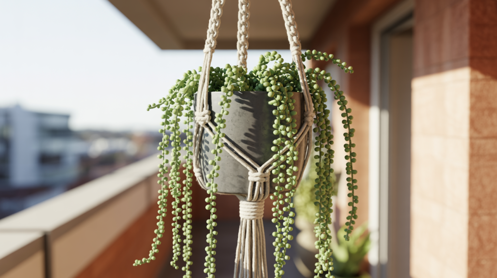String of pearls plant in macramé planter on a boho apartment balcony
