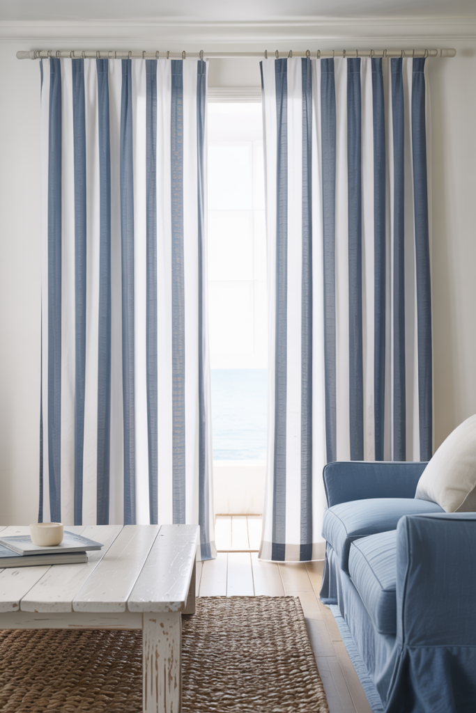 Navy and white striped curtains in a bright coastal style living room