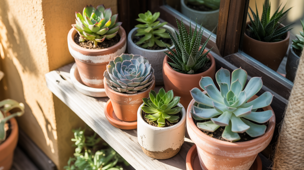 Succulents in mismatched terracotta pots on a boho apartment balcony shelf