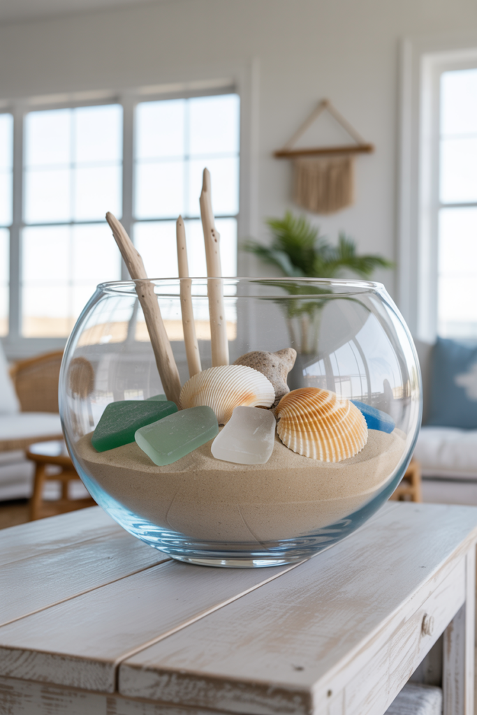 Large clear glass bowl filled with white sand seashells driftwood and sea glass as a coastal summer living room centerpiece