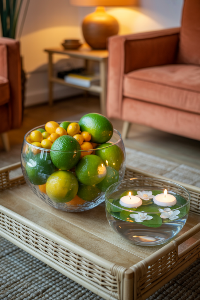 Clear glass bowl filled with fresh limes and kumquats beside a floating candle bowl as a summer living room centerpiece