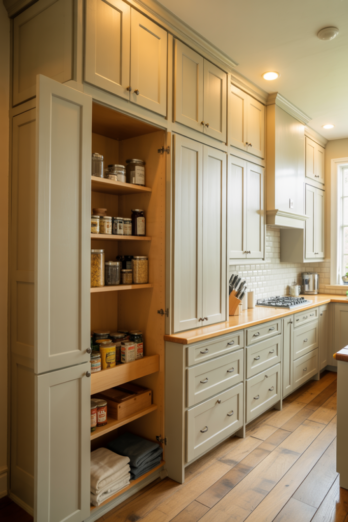 Floor-to-ceiling tall farmhouse kitchen cabinets in soft white with organized storage and warm natural lighting