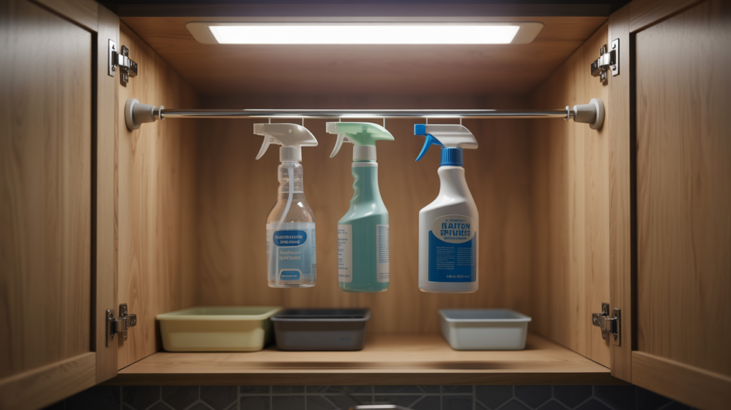 Tension rod holding spray bottles inside under sink bathroom cabinet